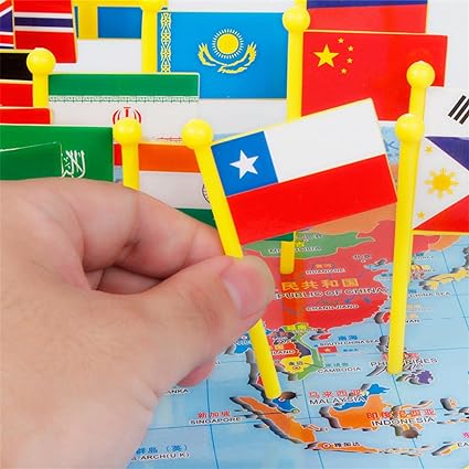 Wooden World Map With 30 Countries Flags - Flags Board Learn Geography