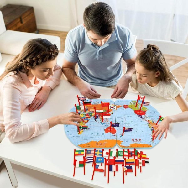 Wooden World Map With 30 Countries Flags - Flags Board Learn Geography