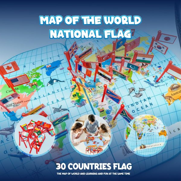 Wooden World Map With 30 Countries Flags - Flags Board Learn Geography