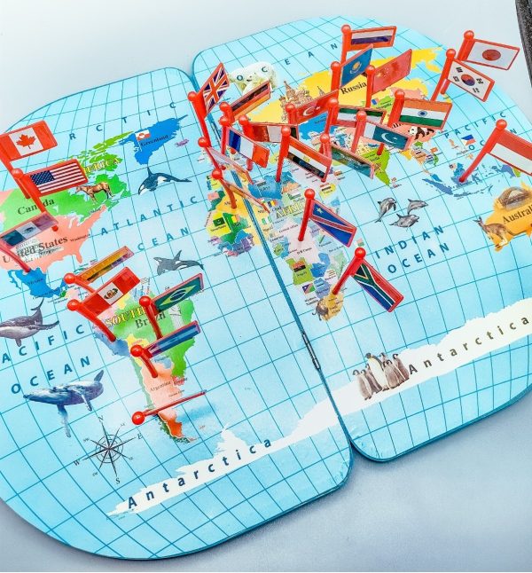 Wooden World Map With 30 Countries Flags - Flags Board Learn Geography