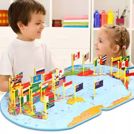 Wooden World Map With 30 Countries Flags - Flags Board Learn Geography